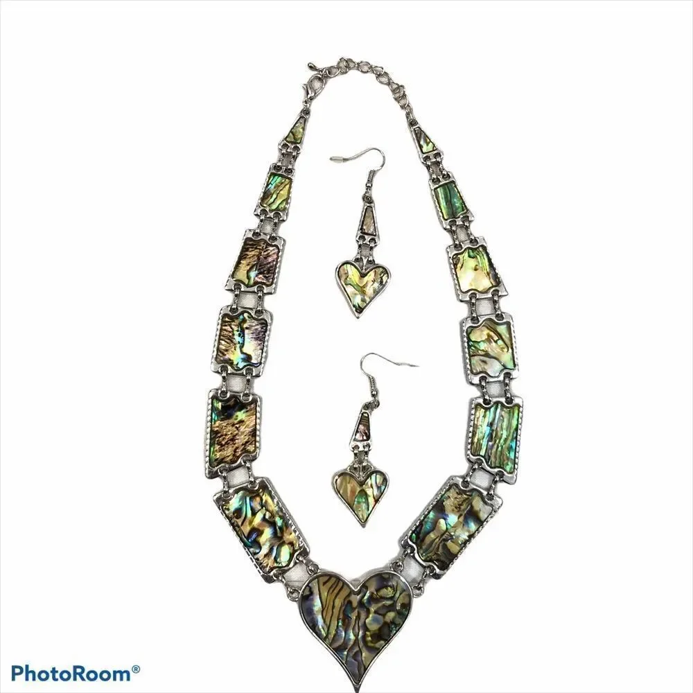 Abalone‎ Shell & Silver Heart Necklace Earring Set